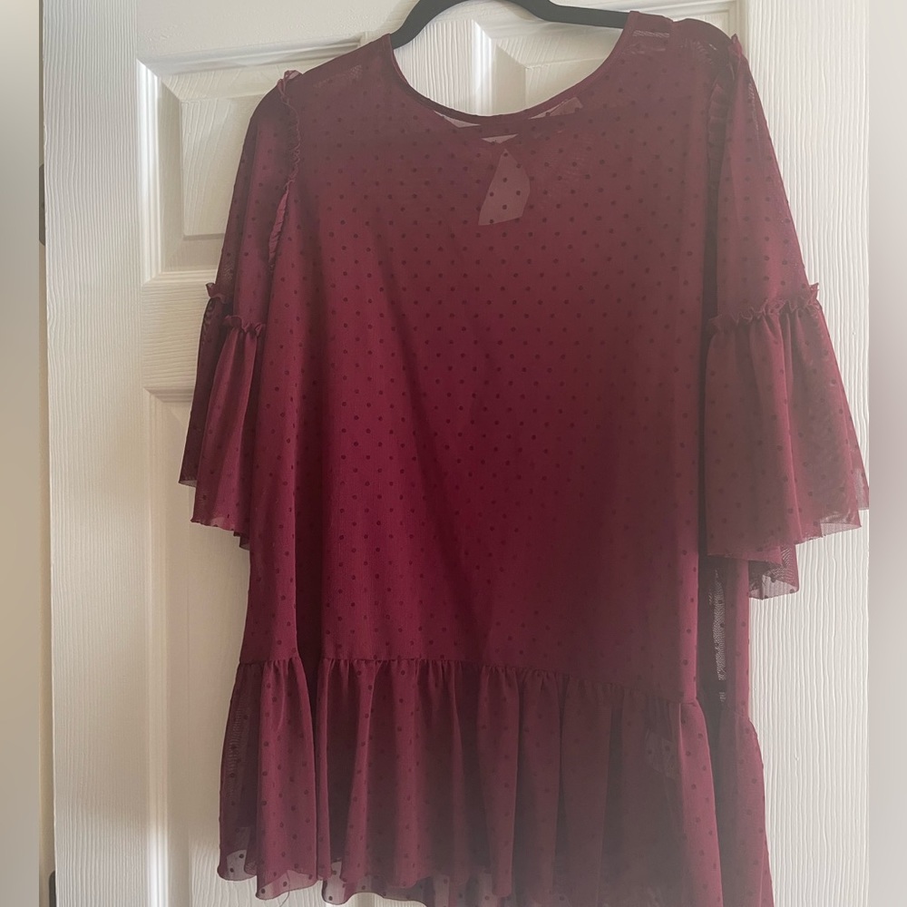 Pleione Burgundy Women's 3/4 Sleeve Top Swiss Dot Ruffle Blouse Tunic - Size L